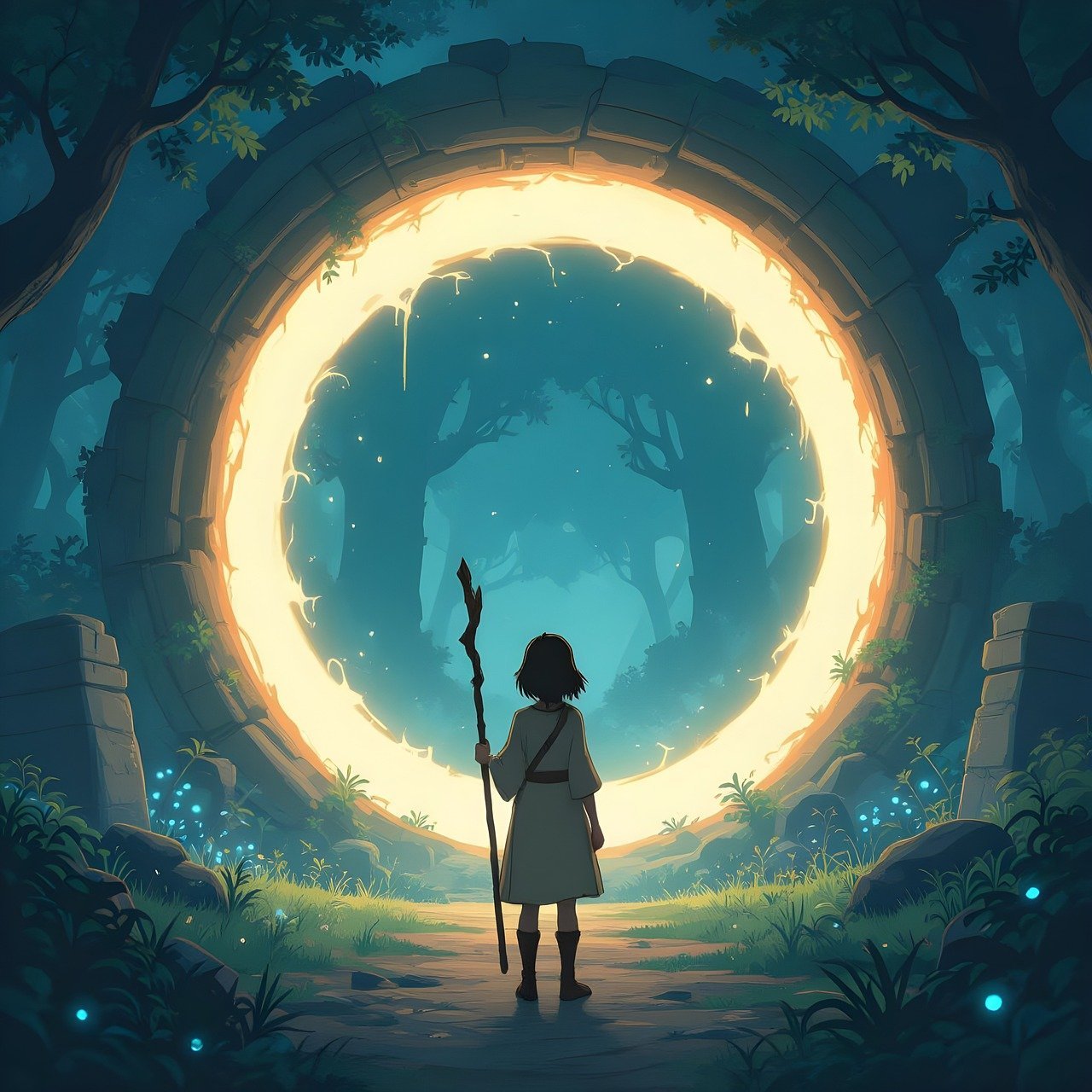 Child stands before glowing portal.