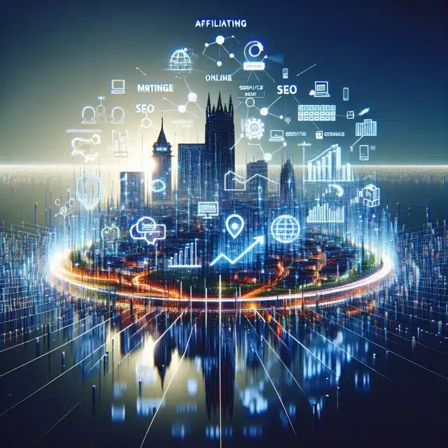 Digital cityscape with marketing icons.