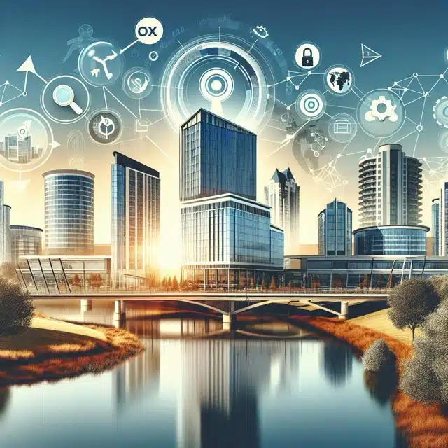 Modern cityscape with digital technology icons.