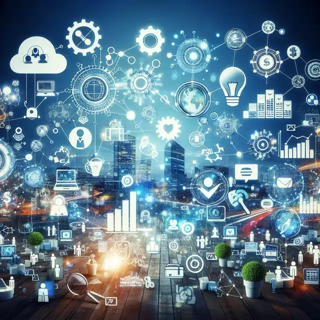 Digital icons over a city skyline.