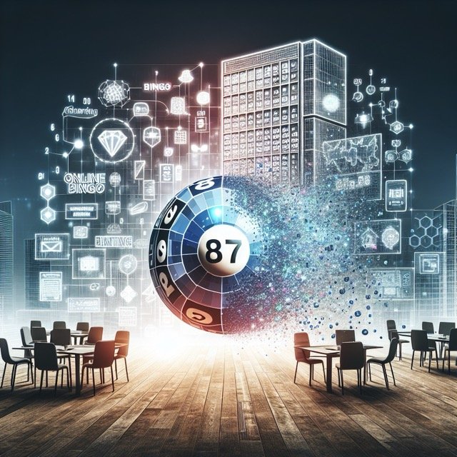 Bingo ball amidst digital marketing visuals.