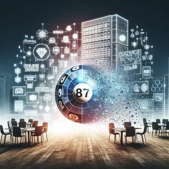 Bingo ball amidst digital marketing visuals.