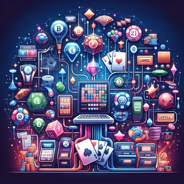 Colourful collage of casino gaming elements.