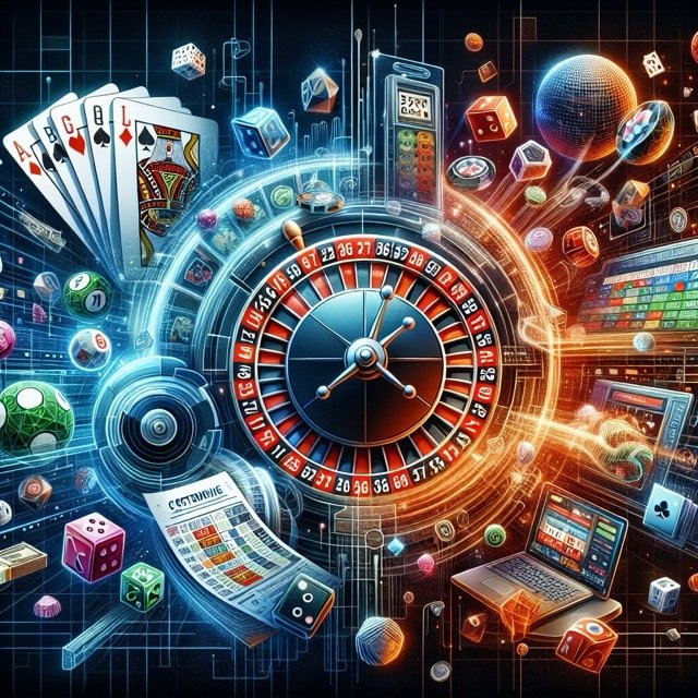 Vibrant collage of casino gaming elements.