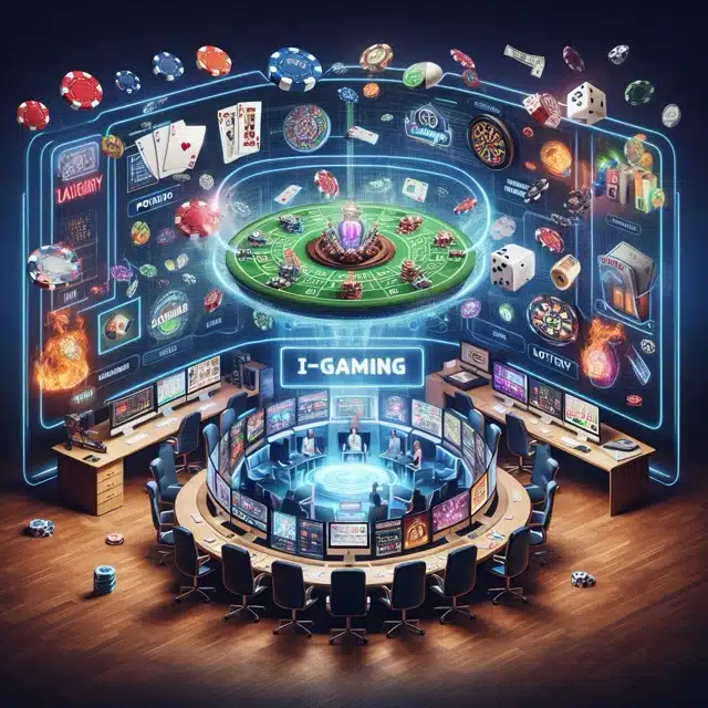 Virtual casino with gaming displays and chips.