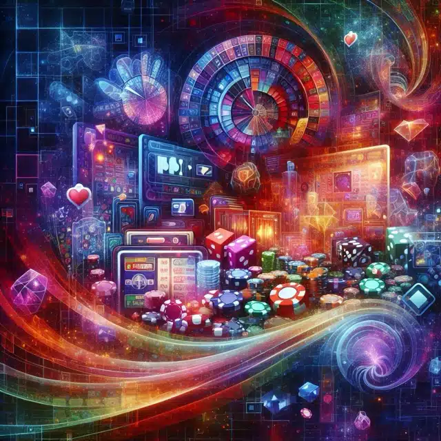 Vibrant casino scene with gaming elements.