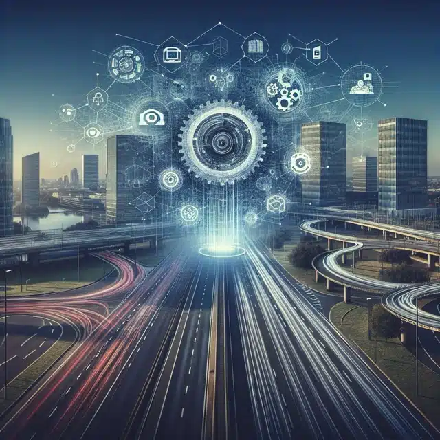 Futuristic cityscape with digital elements.