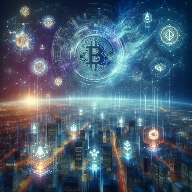 Futuristic city with digital cryptocurrency symbols.