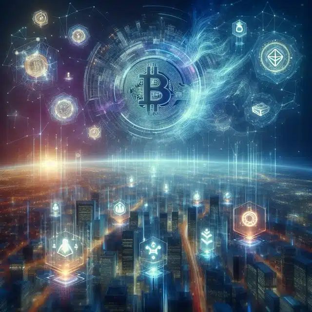 Futuristic city with digital cryptocurrency symbols.