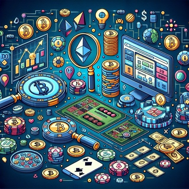 Colourful cryptocurrency and gaming illustration.