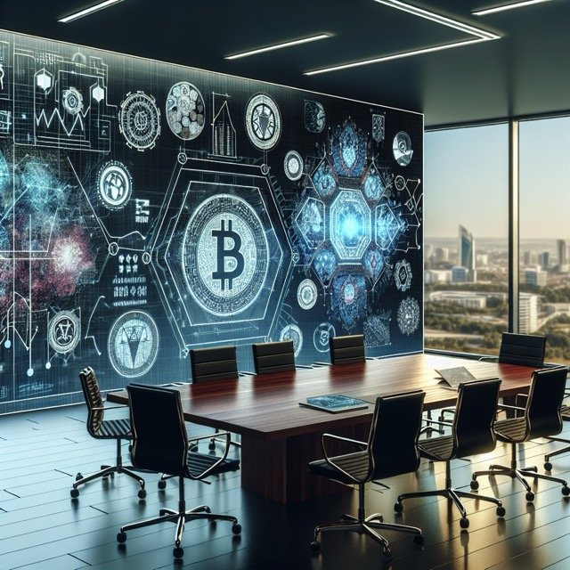 Modern boardroom with cryptocurrency visuals.