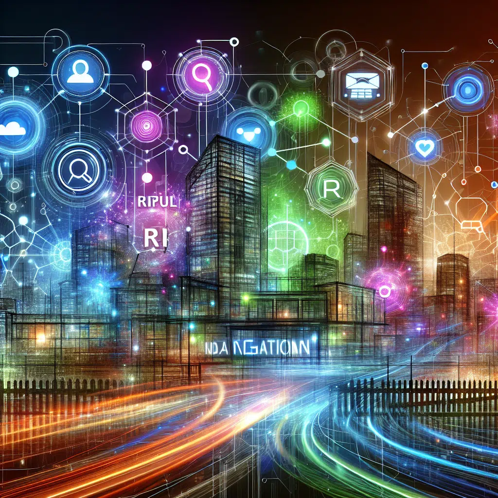 Futuristic cityscape with digital connections.