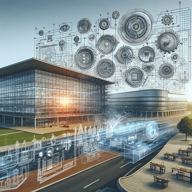 Modern building with digital overlay graphics.