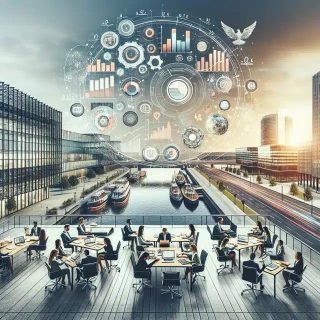 Business meeting with digital data visuals