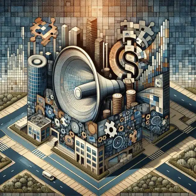 Large speaker amidst urban architecture design.