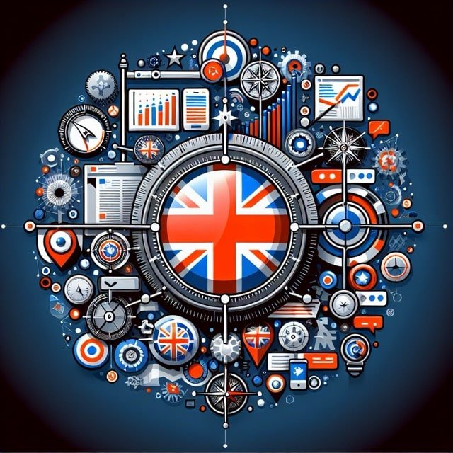 British-themed graphic with various icons