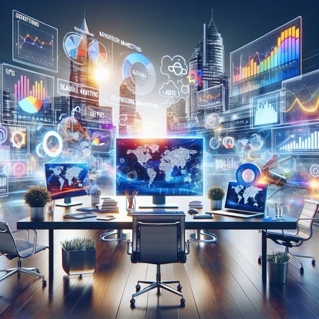 Futuristic office with digital analytics displays.