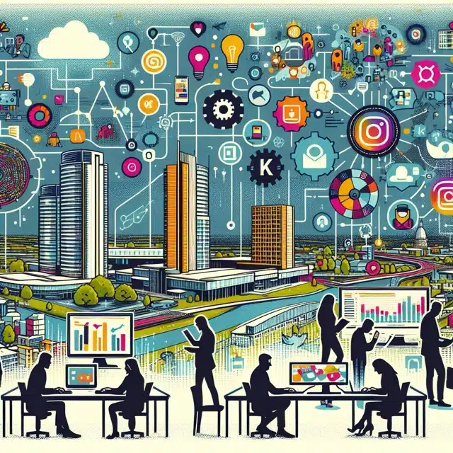 Modern cityscape with digital marketing visuals.