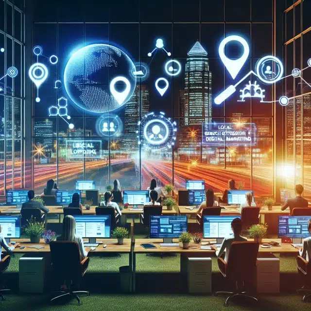 Modern office with digital marketing visuals.