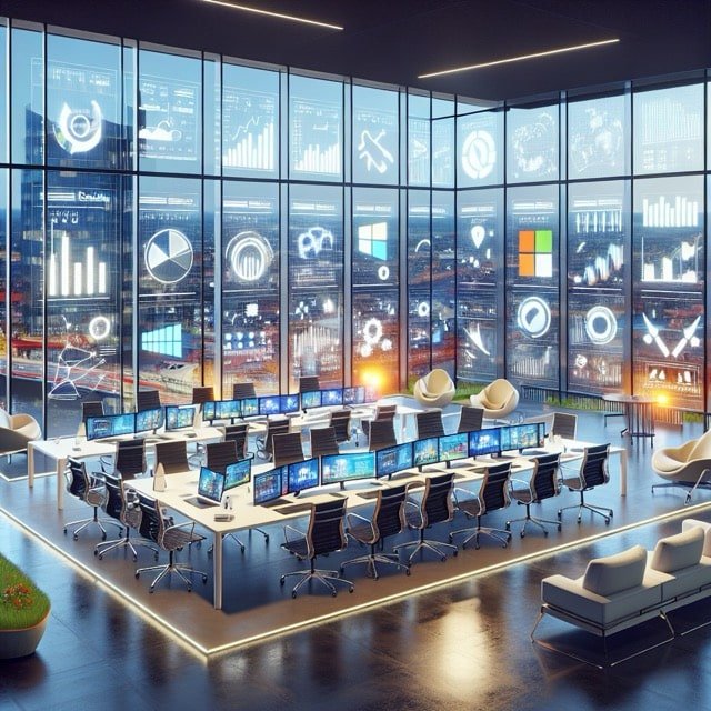Modern office with data visualisation screens.