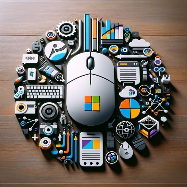 Computer mouse surrounded by digital icons.