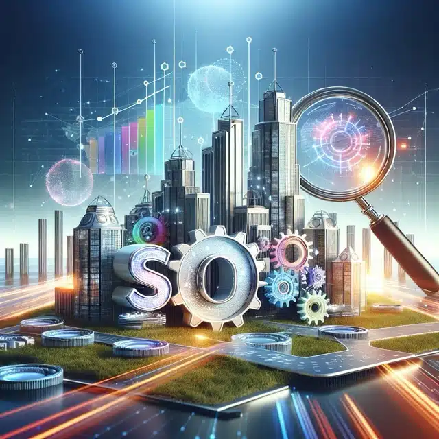 Futuristic cityscape with SEO elements.