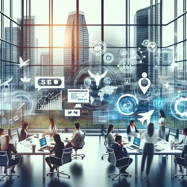 Modern office with digital marketing visuals.