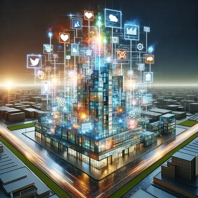 Digital skyscraper with vibrant social icons.