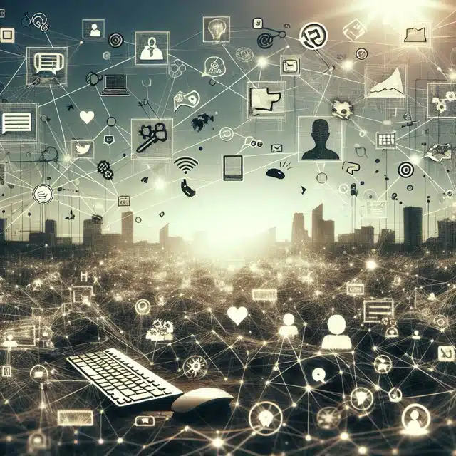 Digital connections over a city skyline.