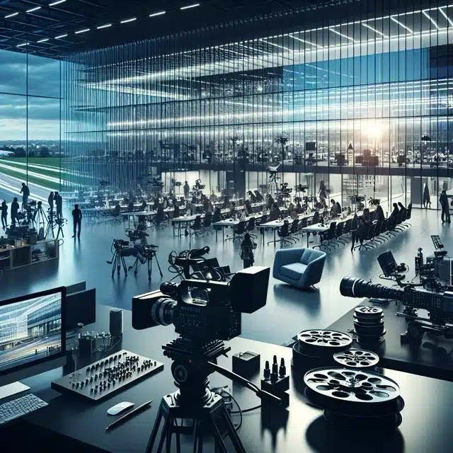 Modern film studio with advanced equipment.