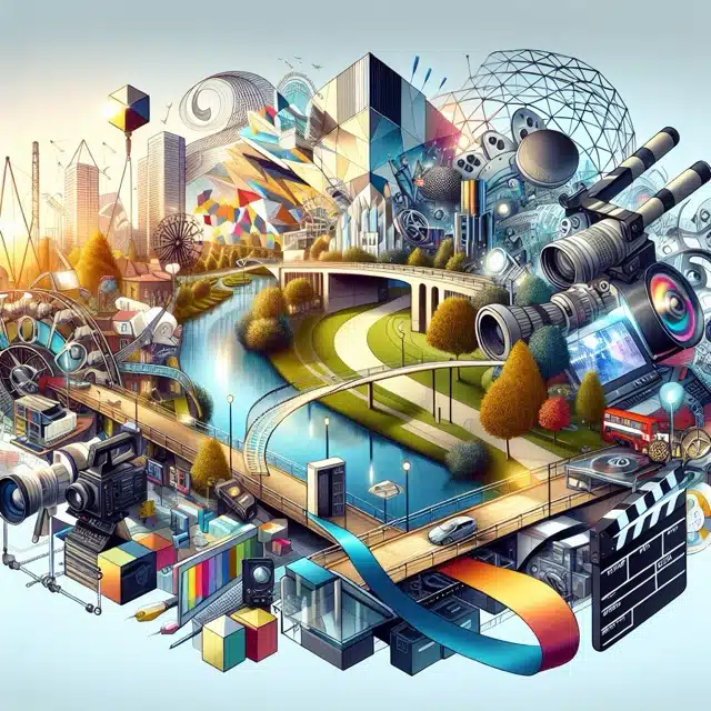 Vibrant cityscape with film production elements.