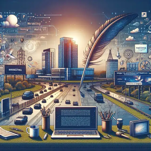 Urban landscape with digital marketing elements.