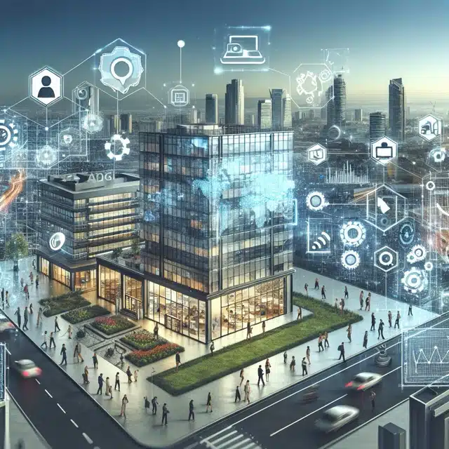 Modern cityscape with digital overlays.