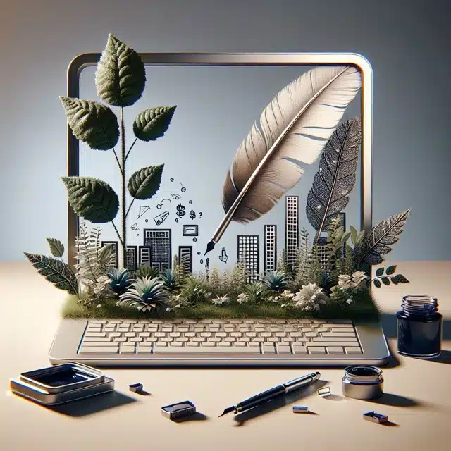 Laptop with plants and urban elements.