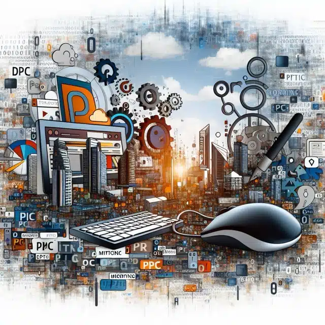 Digital cityscape with technology elements.
