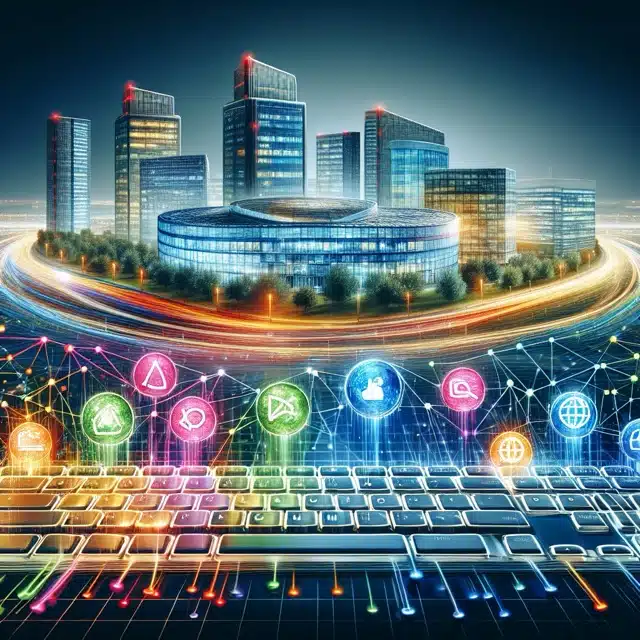 Futuristic cityscape with digital elements.