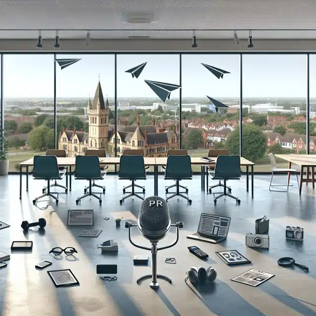 Modern office with PR equipment scattered.