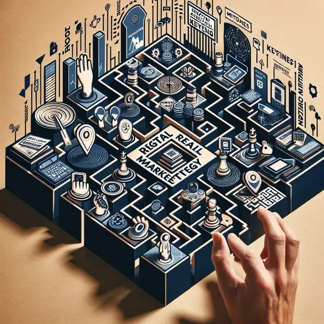 Digital marketing strategy maze illustration.