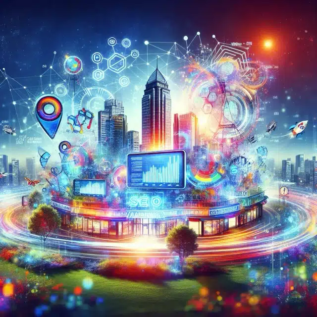 Vibrant cityscape with digital marketing elements.