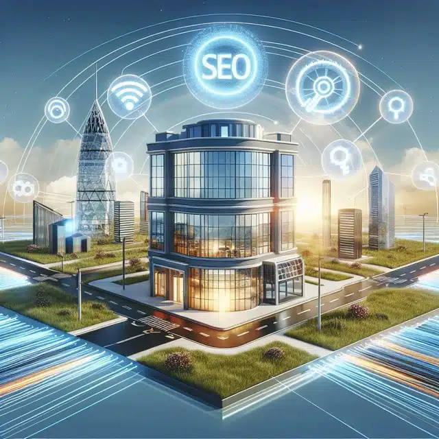 Futuristic cityscape with SEO technology icons.