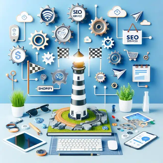 Lighthouse surrounded by digital marketing icons.