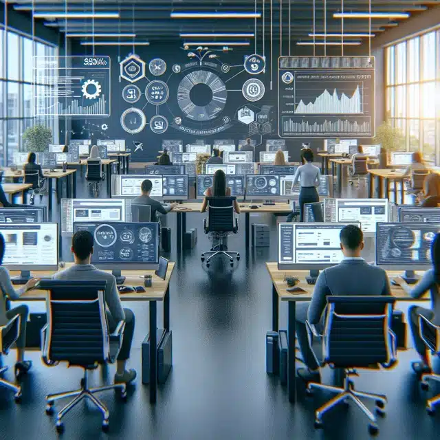 Modern office with data analysts working.