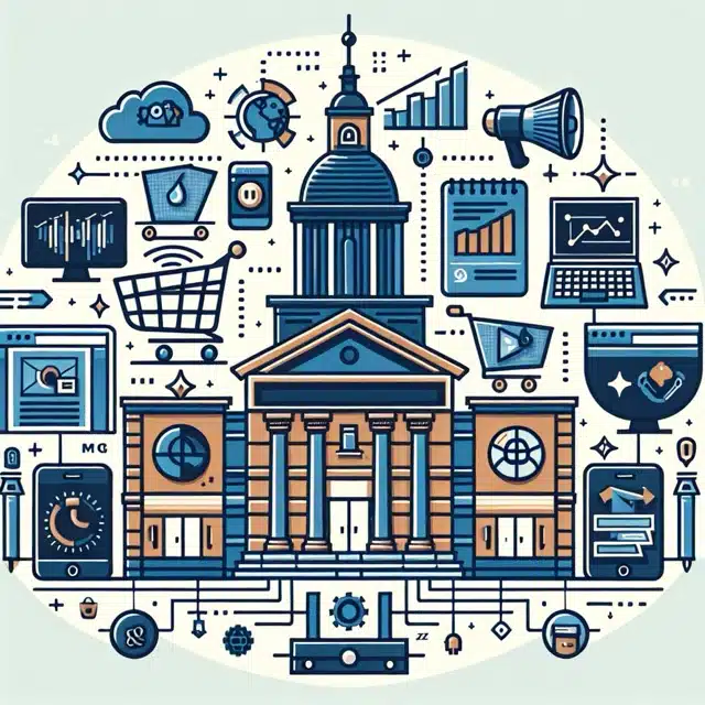 Building surrounded by digital icons and graphs